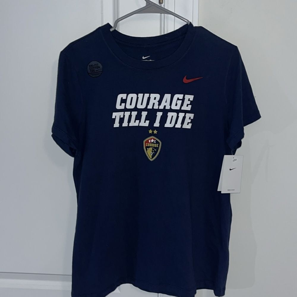 New NIKE Dri Fit Blue NC Courage Till I Die women’s soccer team warm up T shirt